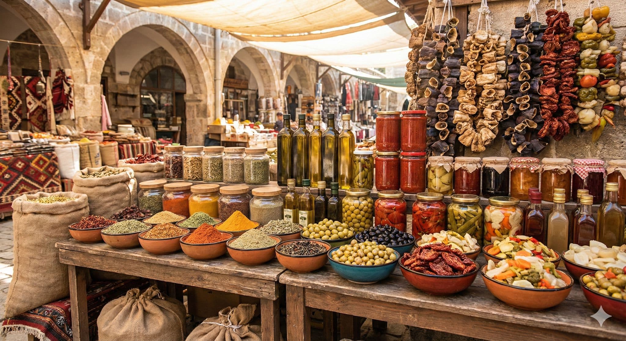 Yöresel ürün tezgahı — baharatlar, zeytinler, kurutmalıklar